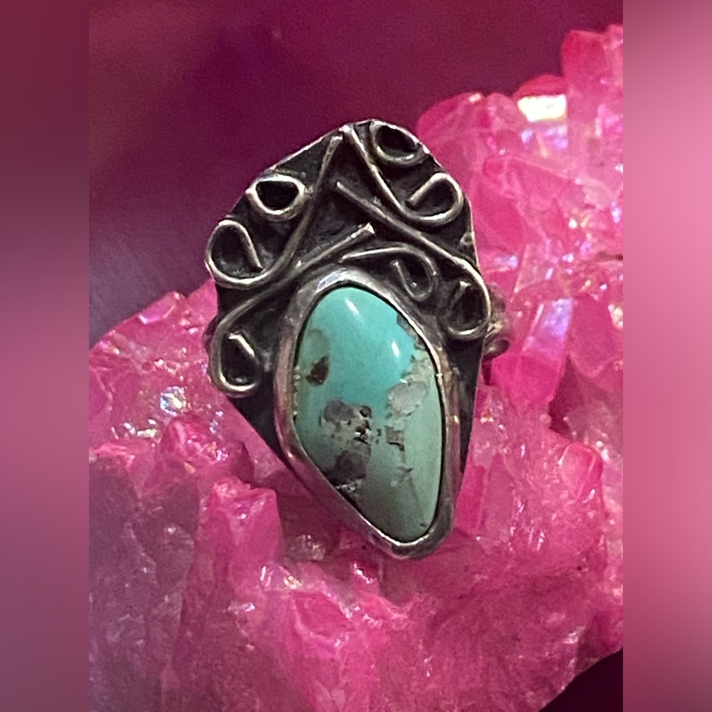 Vintage Native Sterling Silver Large Turquoise Stamped H Ring #7803